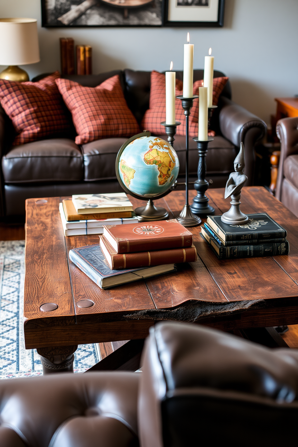 A rustic wooden coffee table serves as the centerpiece of a manly living room. The table is adorned with a collection of leather-bound books, a vintage globe, and a sculptural candle holder, creating a warm and inviting atmosphere.