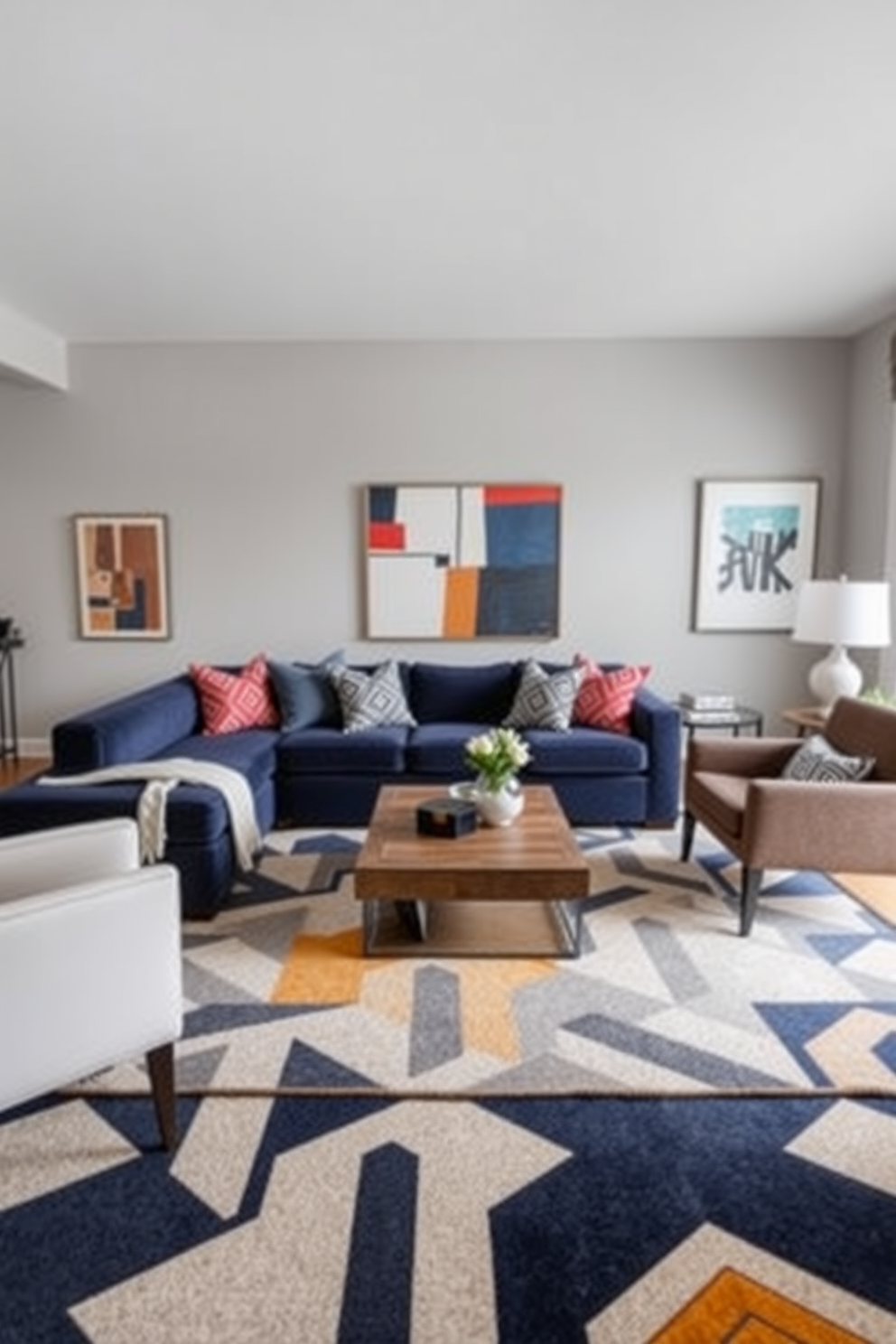 A stylish living room featuring geometric patterns in the rugs and wall art. The furniture consists of a large leather sofa and a sleek coffee table, creating a modern yet masculine atmosphere. The walls are painted in a deep navy blue, while the rug showcases bold, abstract shapes in contrasting colors. A gallery wall displays framed geometric art pieces, enhancing the contemporary feel of the space.