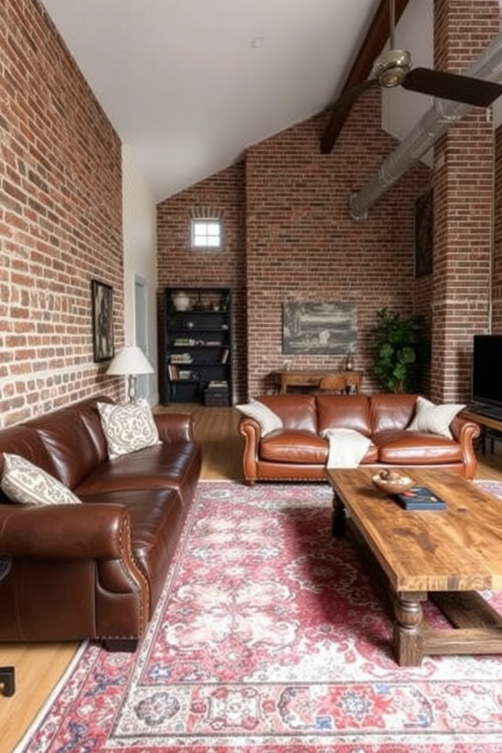 A manly living room design featuring exposed brick walls that add a raw and industrial appeal. The space includes a large leather sofa, a reclaimed wood coffee table, and a vintage rug that ties the room together.