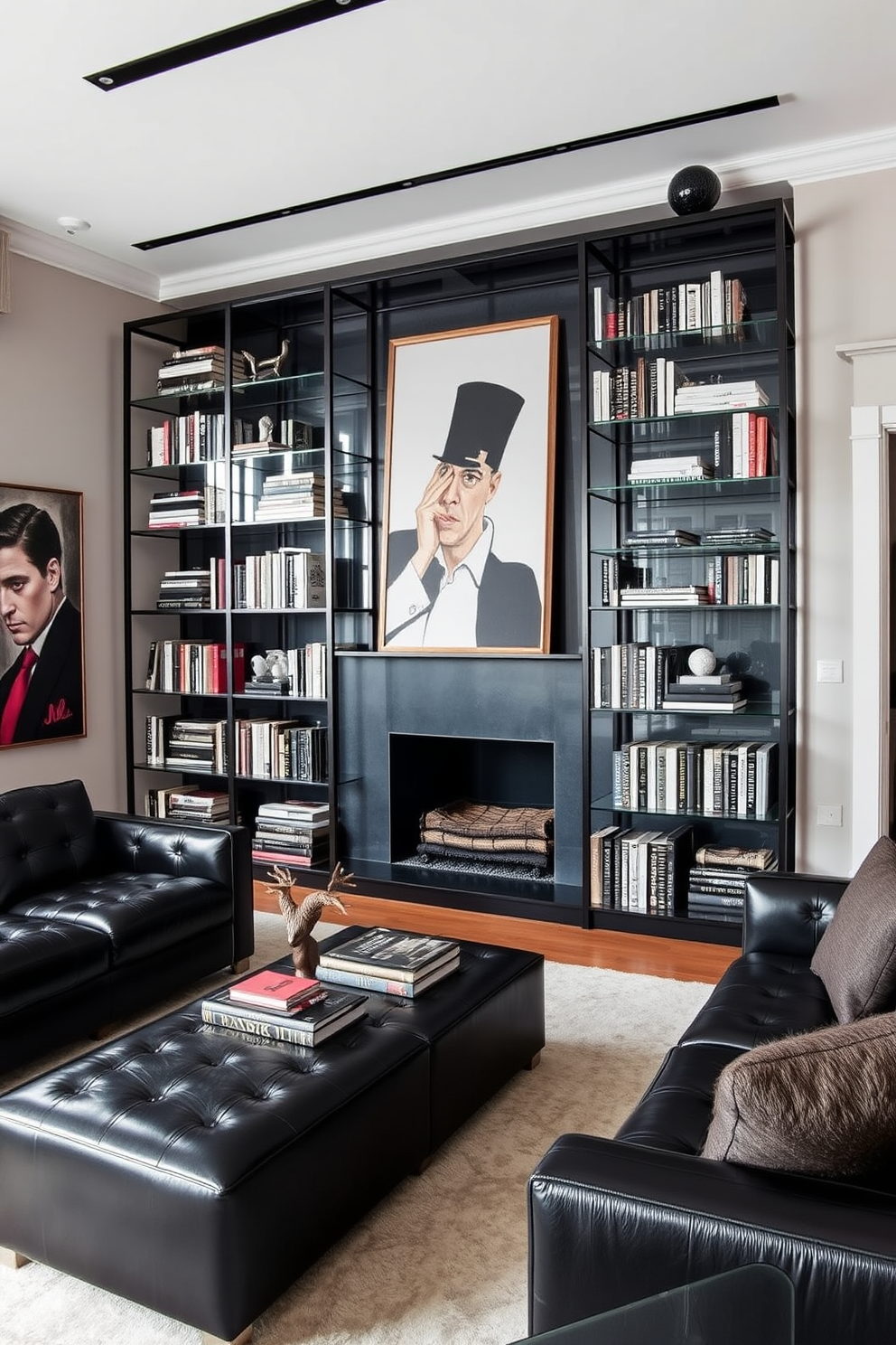 A sleek living room featuring glass and metal shelving units that showcase a curated collection of books and decorative items. The space is accented with dark leather furniture and bold artwork, creating a sophisticated and masculine atmosphere.