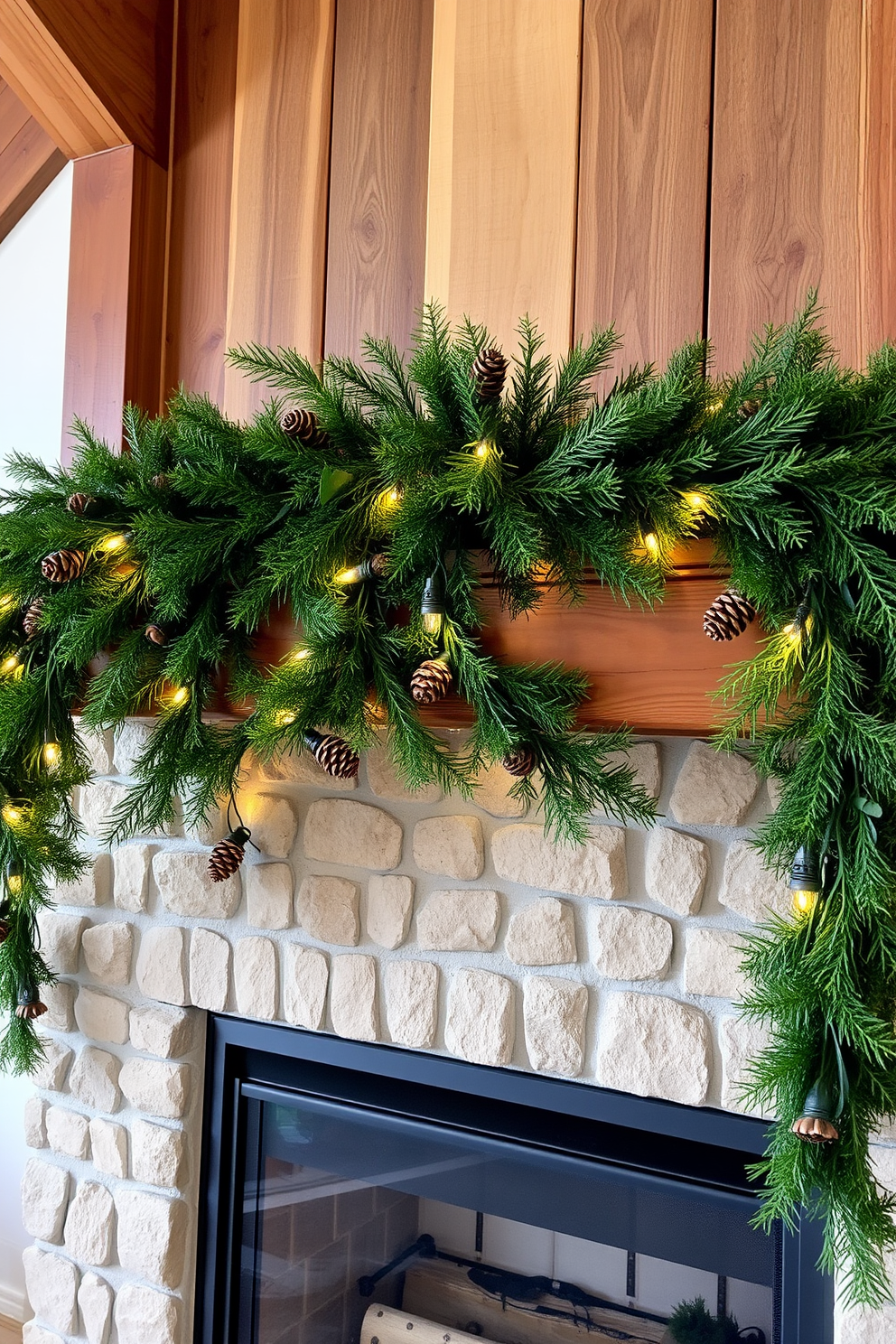 Rustic wood beams frame a cozy fireplace adorned with a lush greenery garland that drapes elegantly across the mantel. Accents of pinecones and twinkling fairy lights are interspersed within the garland, creating a warm and inviting holiday atmosphere.