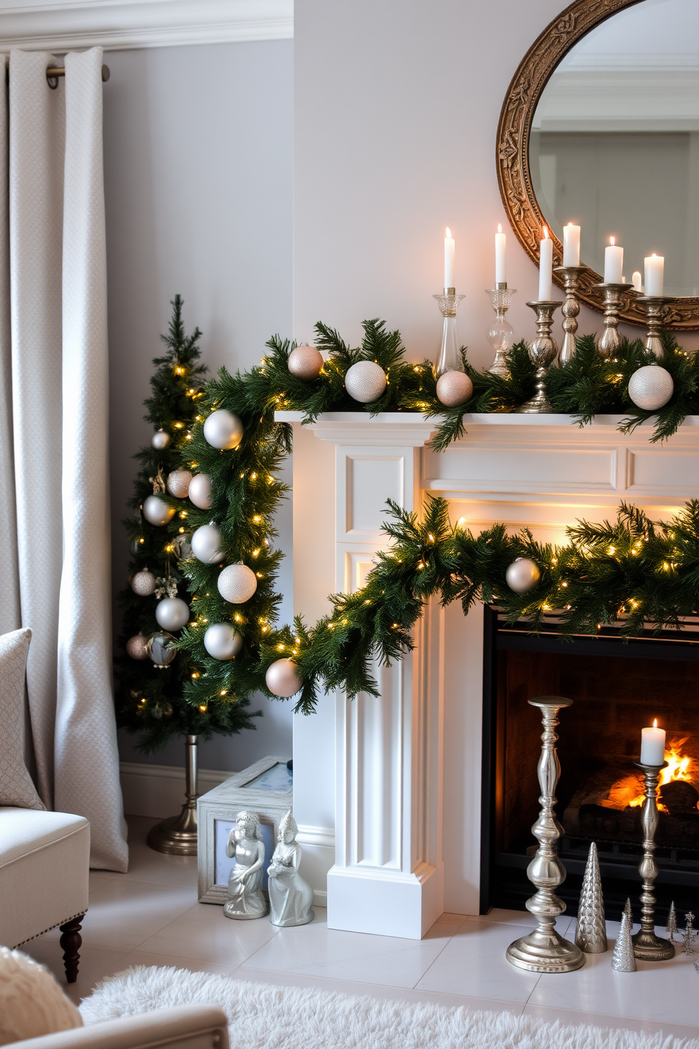 A whimsical mantel decorated for Christmas features playful figurines in vibrant colors. Twinkling fairy lights drape over the mantel, creating a magical ambiance alongside festive garlands and cheerful ornaments.