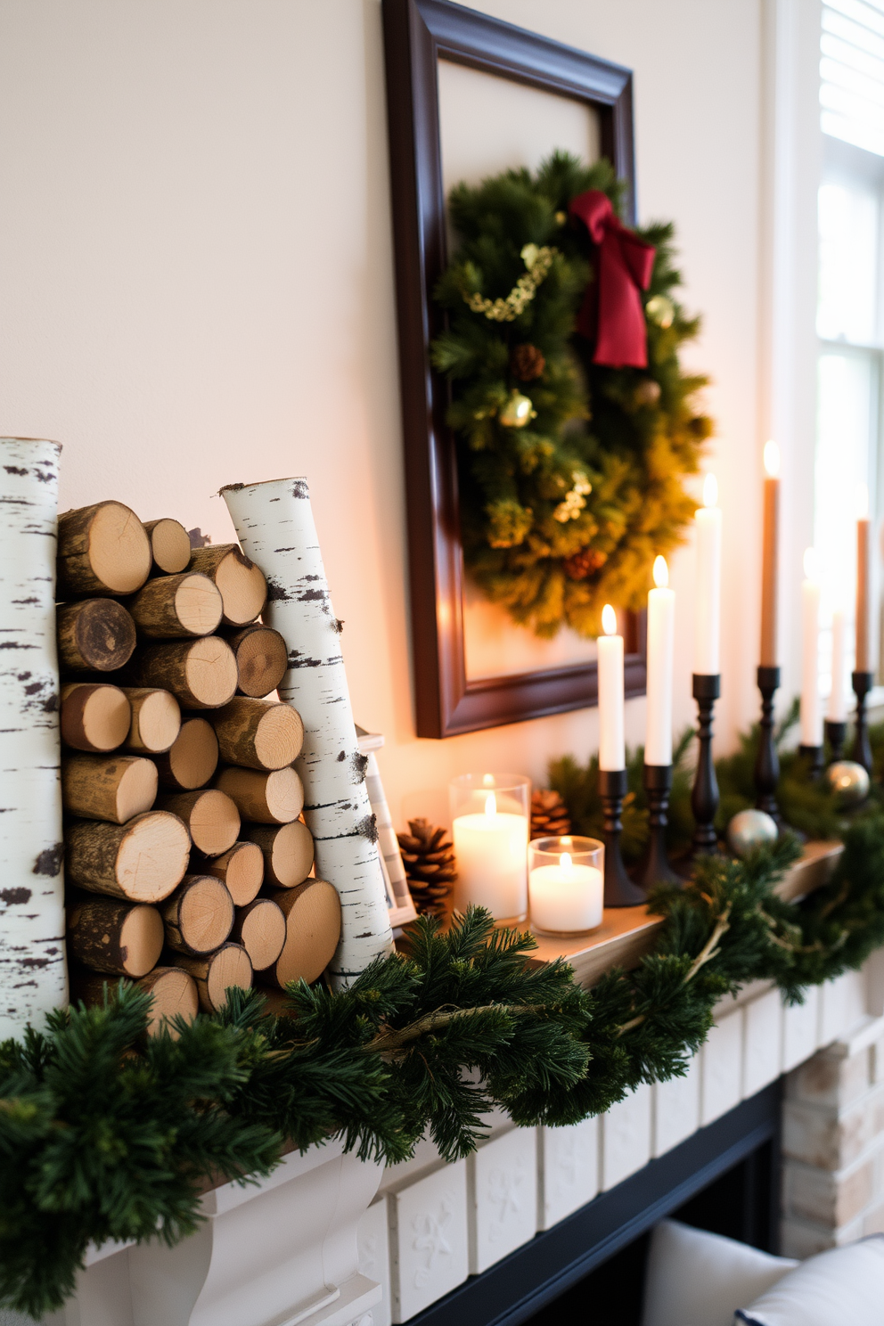 A cozy living room mantel decorated for Christmas features an arrangement of birch logs stacked neatly on one side. On the other side, an assortment of candles in varying heights adds warmth and ambiance, creating a serene holiday atmosphere.