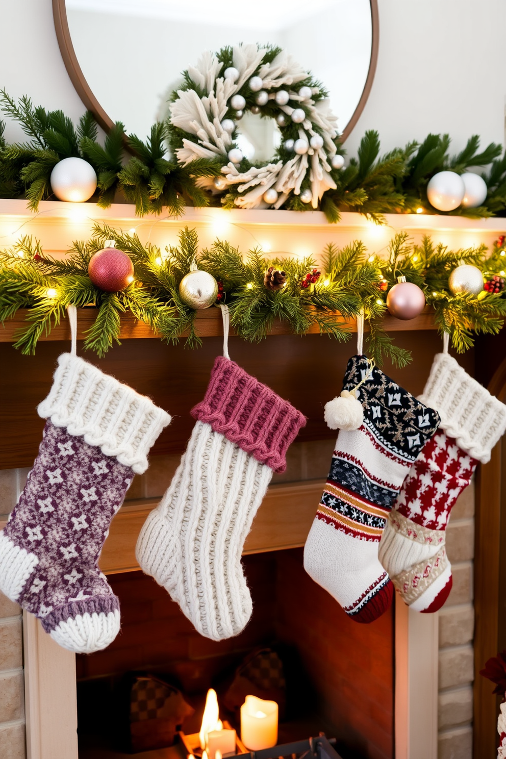 A warm and inviting mantel adorned with cozy knitted stockings in various colors and patterns. Soft twinkling lights drape elegantly across the mantel, complemented by natural greenery and festive ornaments.