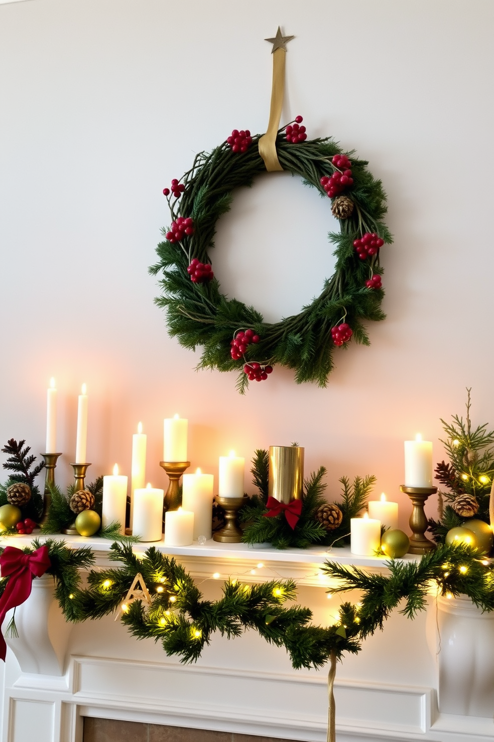 A traditional wreath adorned with red berries and pinecones hangs gracefully above the mantelpiece. The mantel is decorated with an assortment of festive candles, twinkling fairy lights, and small evergreen arrangements to create a warm holiday ambiance.