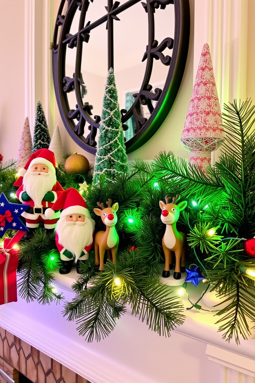 A whimsical Christmas mantel adorned with playful Santa and reindeer figurines. The figurines are arranged in a delightful scene, surrounded by garlands of pine and twinkling fairy lights.