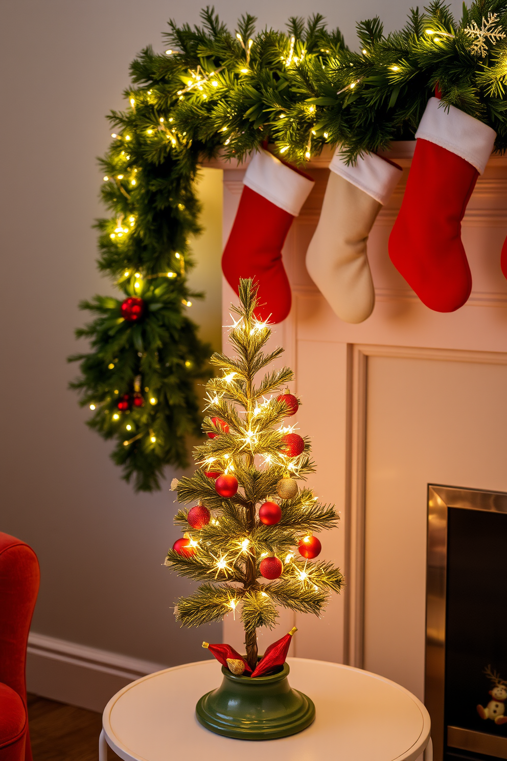 A charming mini Christmas tree adorned with twinkling lights stands on a side table, creating a warm and festive atmosphere. The tree is surrounded by small decorative ornaments in red and gold, reflecting the holiday spirit. Above the mantel, a beautiful Christmas display features garlands of evergreen intertwined with twinkling fairy lights. Stockings in vibrant colors hang from the mantel, adding a cozy touch to the festive decor.