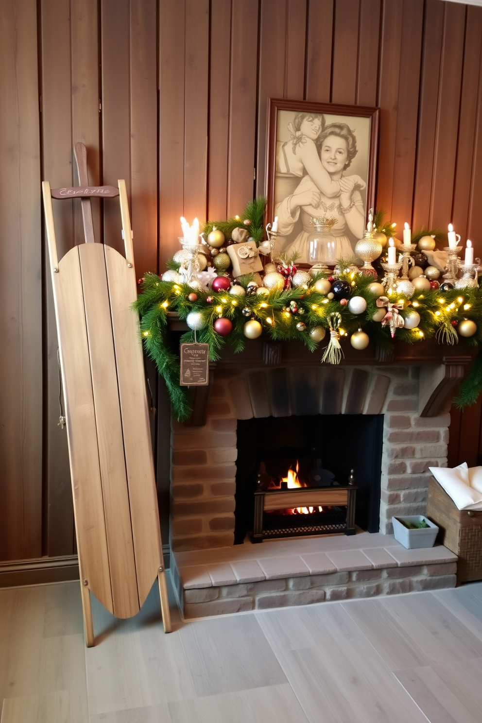 A rustic sled is propped against a weathered wooden wall, adding a charming touch to the cozy room. The mantel above the fireplace is adorned with an array of festive decorations, including pine garlands, twinkling lights, and an assortment of elegant ornaments.