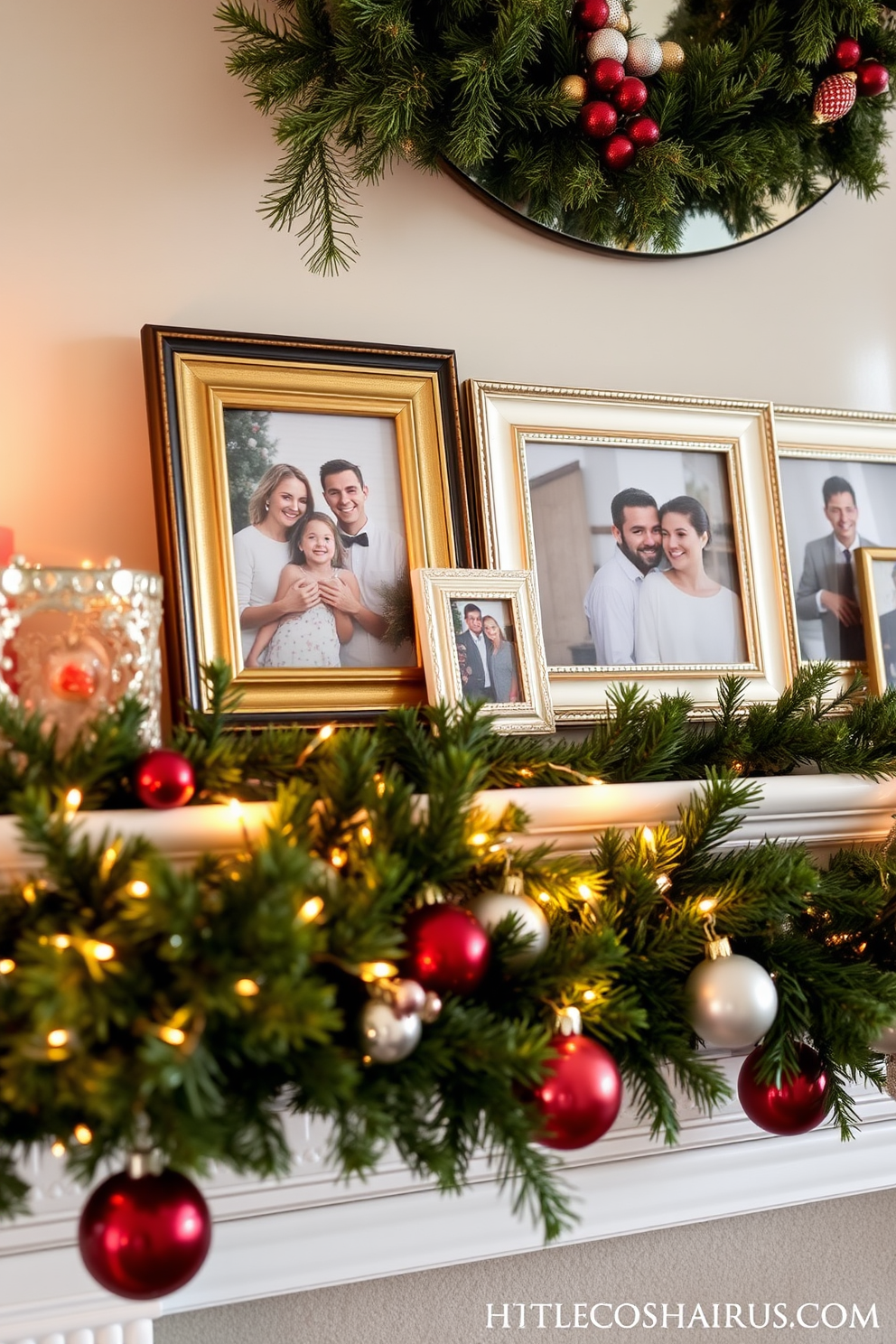 Charming photo frames display treasured holiday memories arranged on a beautifully styled mantel. The mantel is adorned with festive decorations, including garlands of evergreen, twinkling fairy lights, and a selection of colorful ornaments.