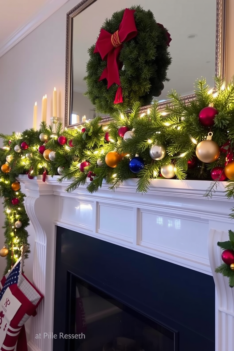 A festive mantel decorated for Christmas features a colorful garland draped elegantly over the edge. The garland is adorned with sparkling ornaments, twinkling lights, and seasonal greenery to create a warm and inviting atmosphere.