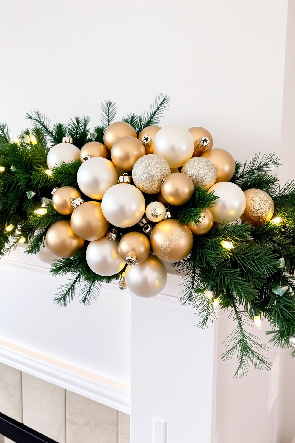 Elegant white and gold ornament cluster adorns the mantel with a lush garland intertwined. Soft white lights twinkle among the ornaments, creating a warm and inviting atmosphere for the holiday season.