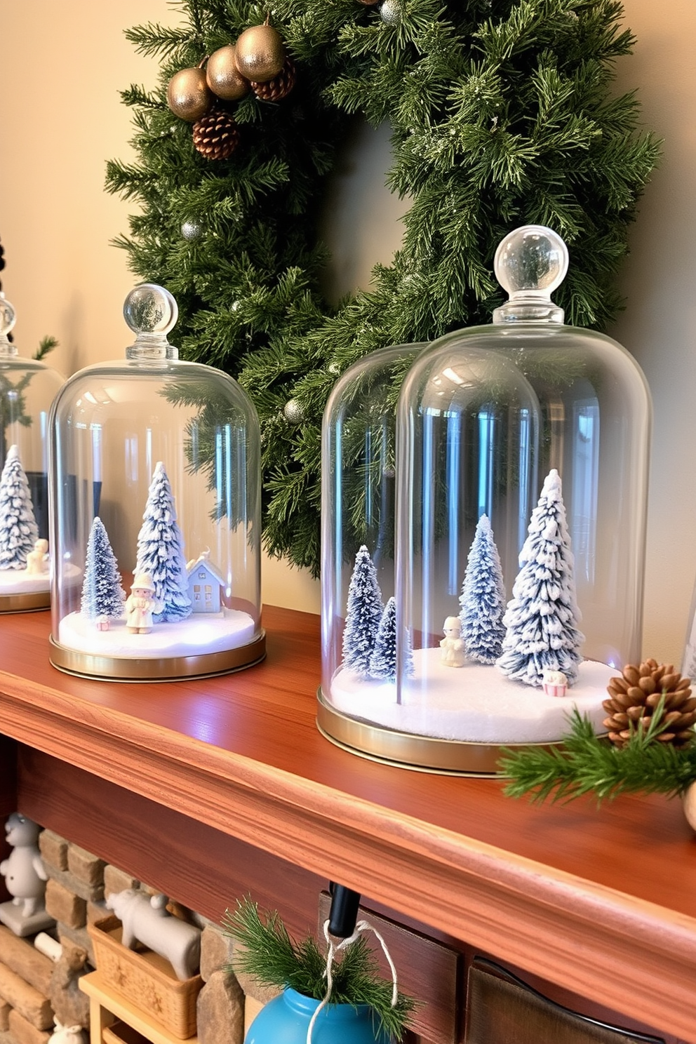 Create a cozy mantel decorated for Christmas featuring glass cloches filled with enchanting winter scenes. Each cloche showcases a different miniature winter landscape, complete with snow-covered trees and tiny figurines, arranged artfully on a rustic wooden mantel.