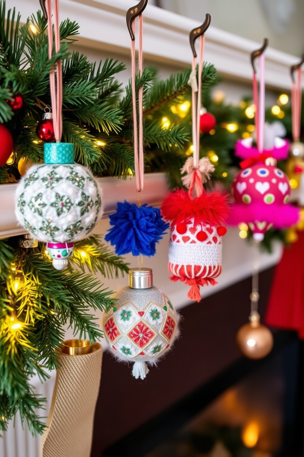 Creative DIY ornaments hanging from hooks create a festive and personalized touch to your holiday decor. Brightly colored handmade decorations dangle playfully, showcasing a variety of textures and shapes. Mantel Christmas decorating ideas transform your living space into a cozy winter wonderland. A mix of evergreen garlands, twinkling fairy lights, and carefully arranged ornaments brings warmth and charm to the fireplace area.