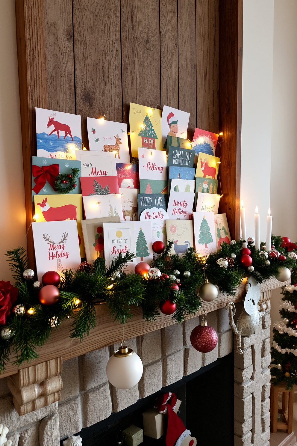 Artistic display of holiday greeting cards. A charming arrangement of colorful greeting cards is showcased on a rustic wooden mantel, interspersed with twinkling fairy lights and evergreen garlands. Mantel Christmas Decorating Ideas. The mantel is adorned with a mix of festive ornaments, including glass baubles and handmade decorations, creating a warm and inviting holiday atmosphere.