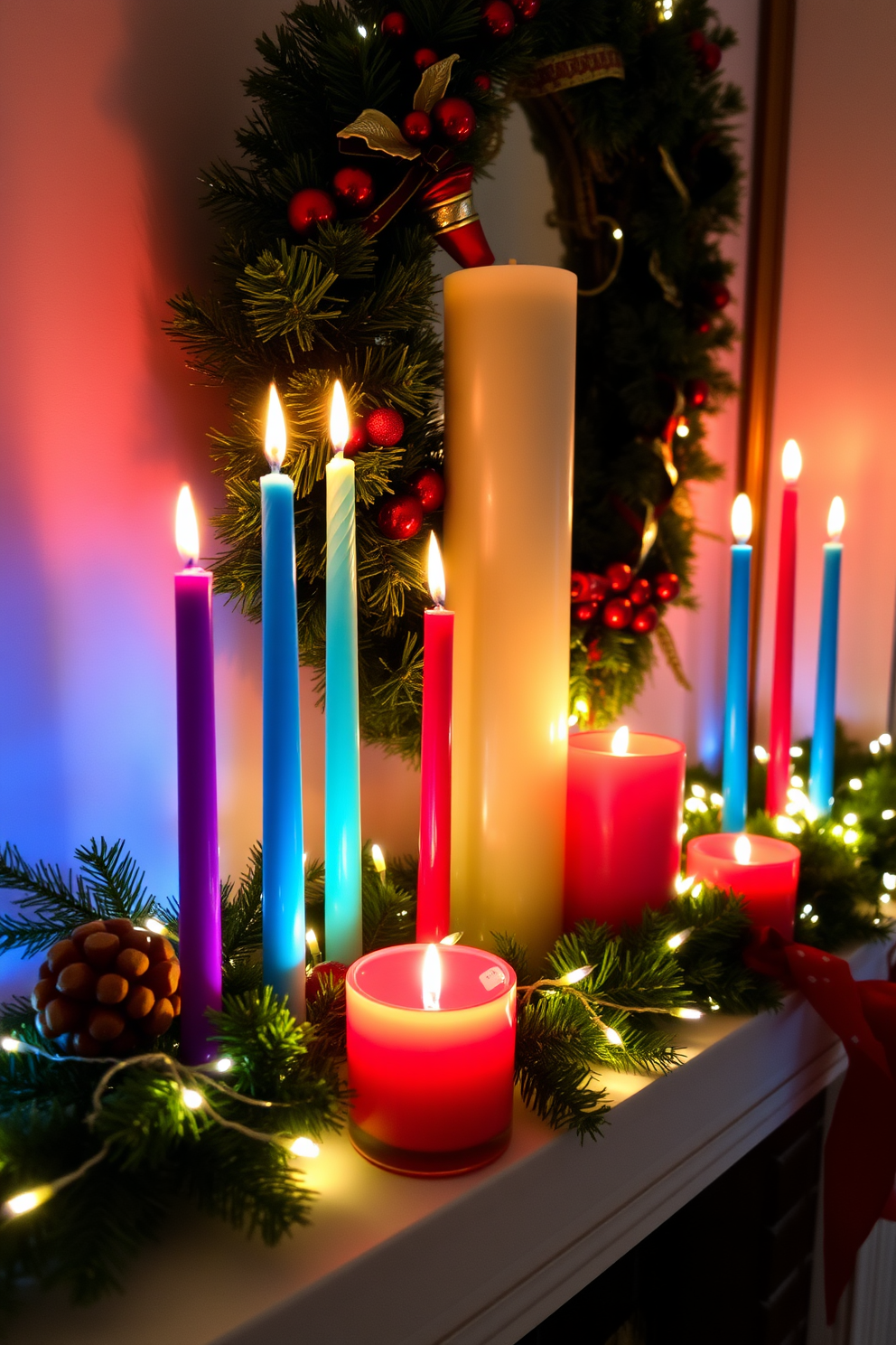 A cozy mantel adorned with brightly colored candles of varied heights creates a festive atmosphere. The candles are arranged in a harmonious display, complemented by greenery and twinkling fairy lights for an enchanting holiday touch.