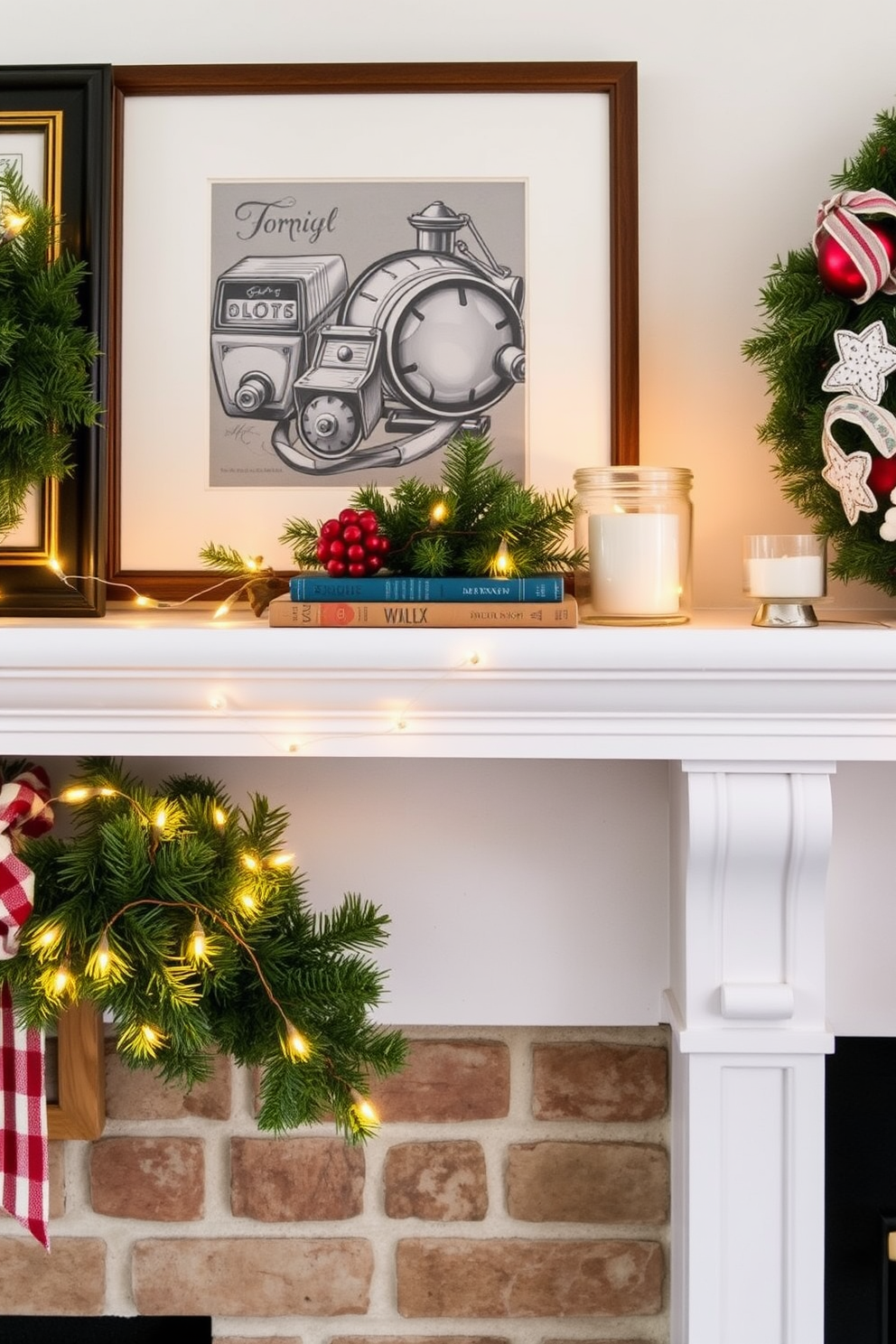 A cozy mantel adorned with vintage books stacked neatly alongside festive decor. Twinkling fairy lights and a small evergreen arrangement add warmth and charm to the holiday setting.