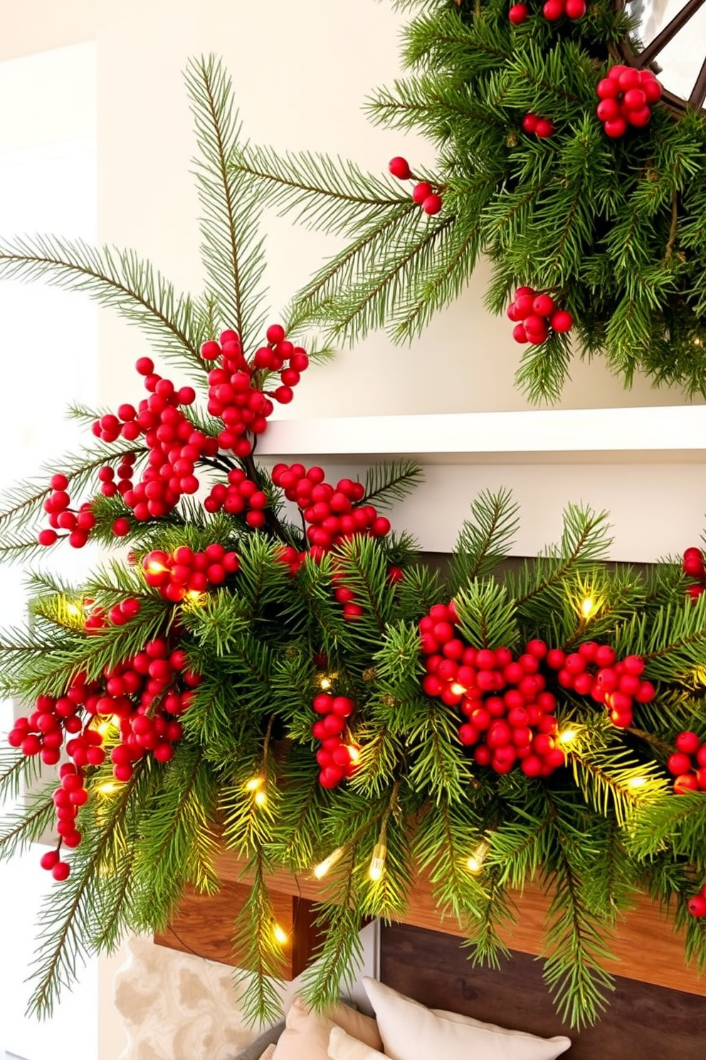 A nature-inspired mantel decorated for Christmas features lush pine branches intertwined with vibrant red berries. The arrangement is complemented by rustic wooden accents and twinkling fairy lights that create a warm and inviting atmosphere.