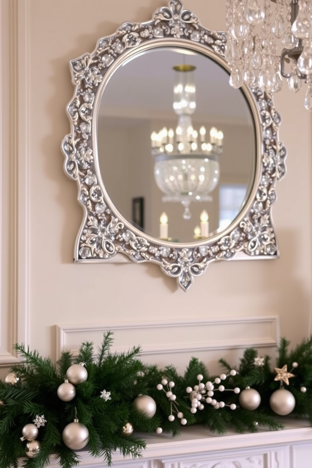 Elegant crystal accents create a shimmering focal point in the room, reflecting soft lighting that enhances the cozy atmosphere. A beautifully adorned mantel features a mix of greenery and delicate ornaments, bringing a touch of festive charm to the space.