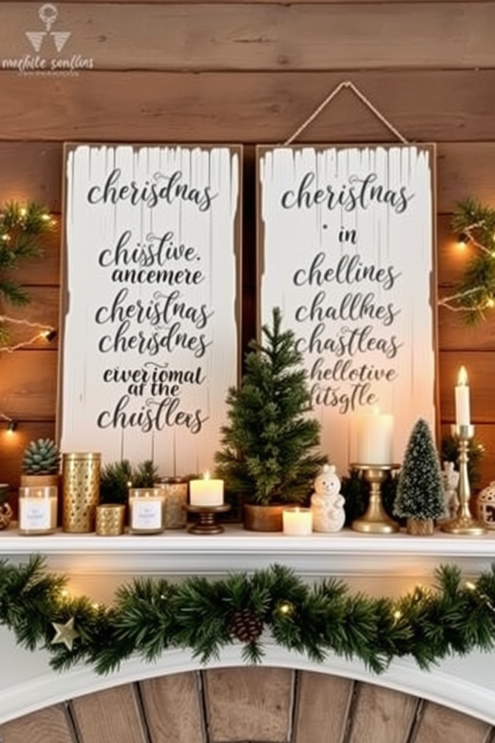 A stylish wreath is elegantly hung above the mantel, adorned with festive accents and vibrant colors. The mantel is beautifully decorated for Christmas, featuring twinkling lights, seasonal greenery, and carefully arranged decorative items that create a warm holiday atmosphere.