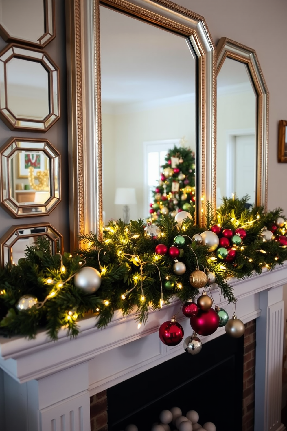 Layered mirrors reflecting festive decor create a warm and inviting atmosphere. The mantel is adorned with lush greenery, twinkling fairy lights, and an assortment of colorful ornaments.