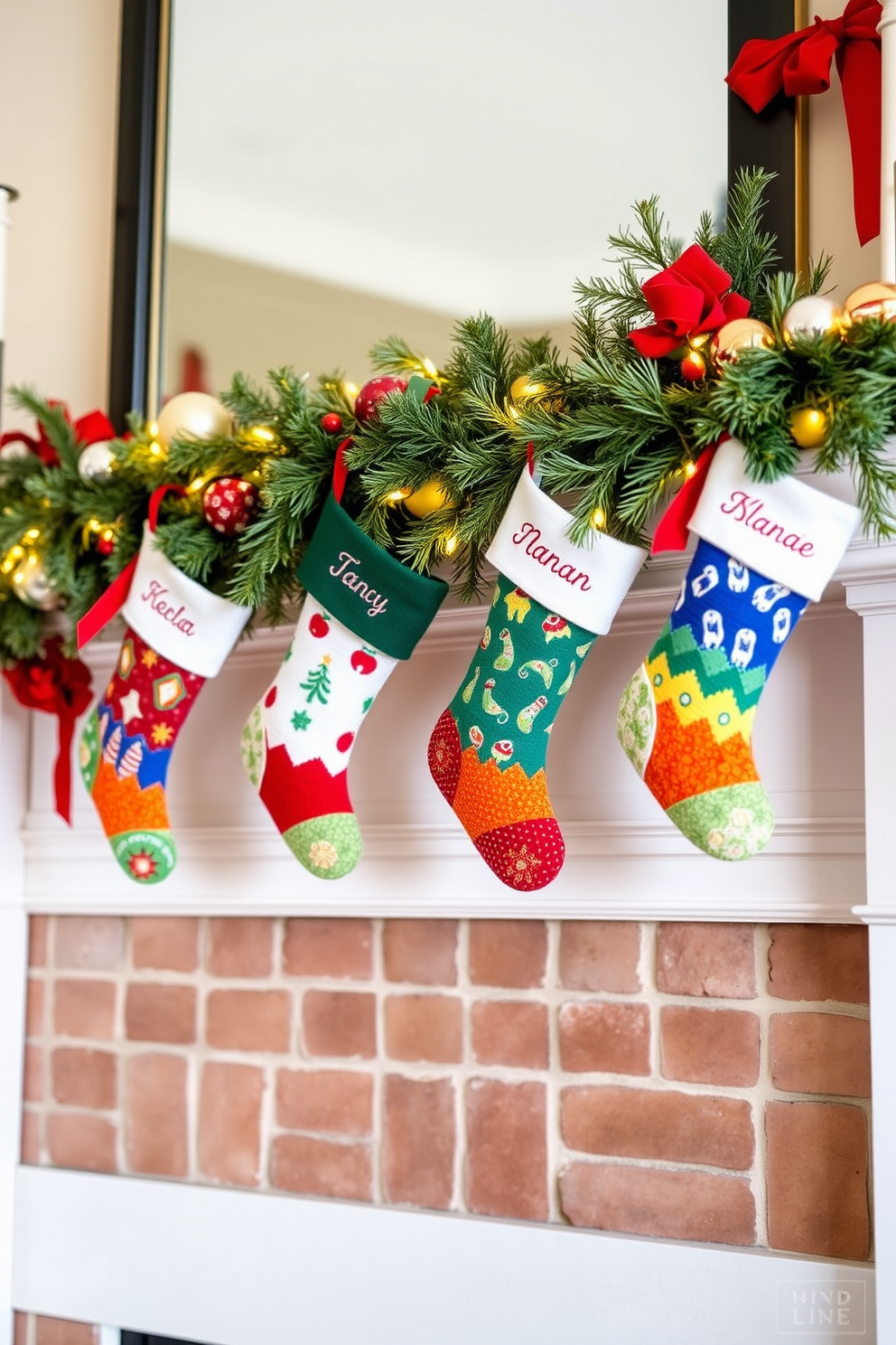 Colorful stockings with personalized names are hung on a beautifully adorned mantel. The mantel is decorated with lush greenery, twinkling fairy lights, and festive ornaments that create a warm holiday atmosphere.