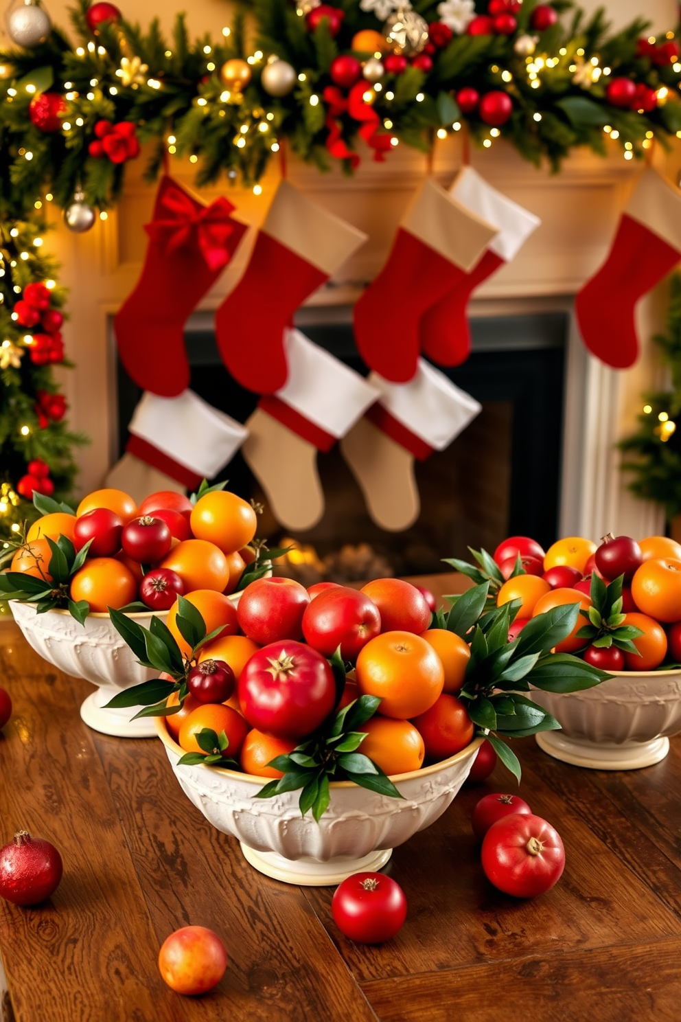 Festive bowls filled with seasonal fruits arranged on a rustic wooden table. The bowls are overflowing with vibrant oranges, apples, and pomegranates, creating a warm and inviting centerpiece. Mantel Christmas decorating ideas featuring a beautifully adorned garland draped elegantly across the mantel. Stockings in rich red and green hang from the mantel, complemented by twinkling fairy lights and festive ornaments.