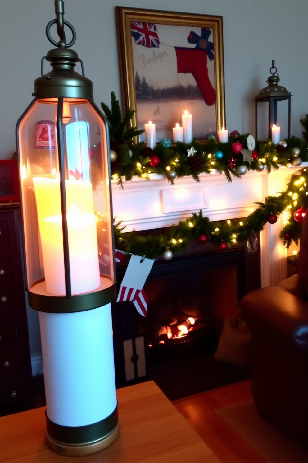 A traditional fireplace mantel adorned with a lush greenery garland intertwined with vibrant red ribbons. The garland gracefully drapes across the mantel, complemented by elegant candle holders and festive ornaments in rich holiday colors.