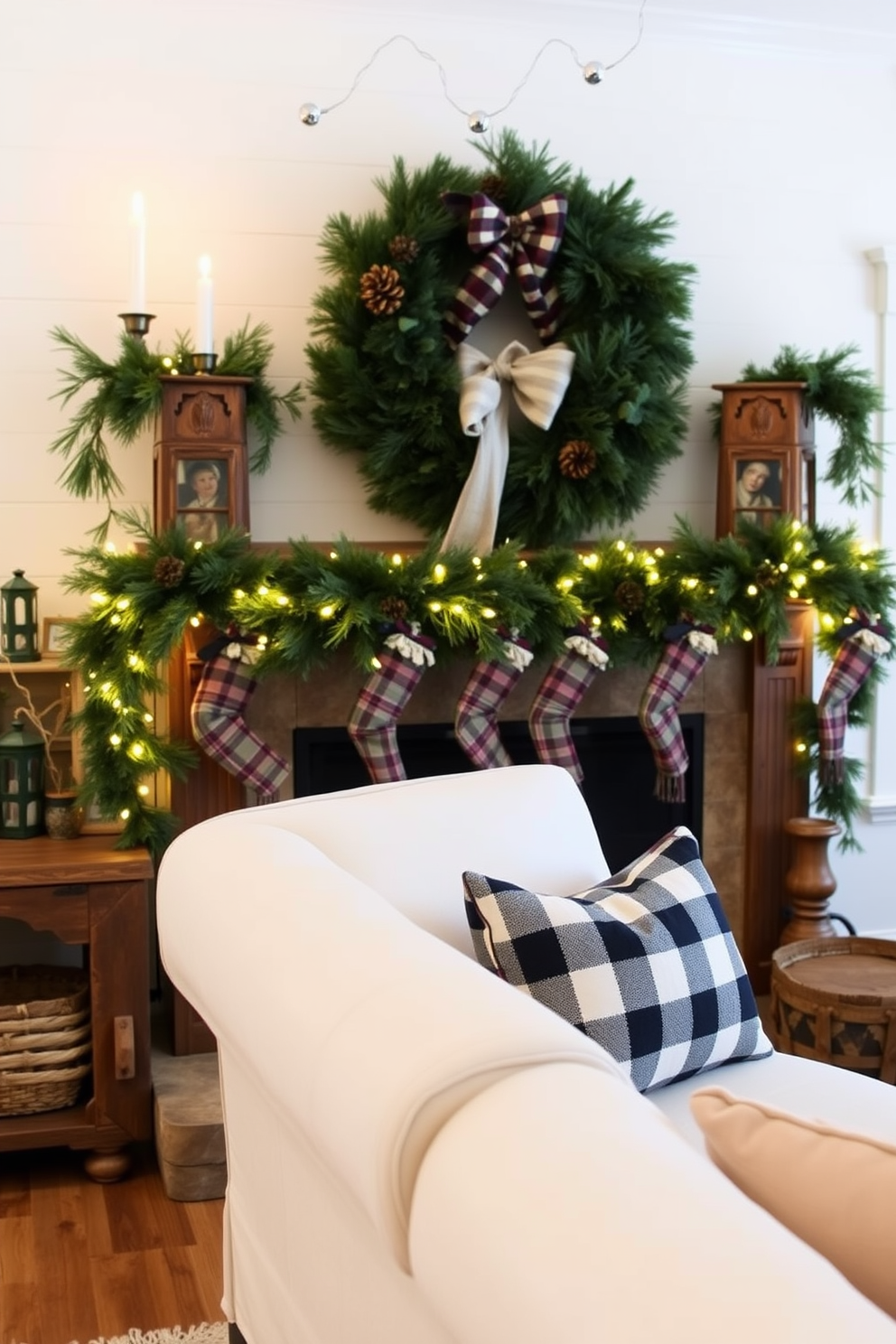 A cozy farmhouse living room adorned for Christmas. The mantel is decorated with a garland of pinecones and plaid fabric, complemented by warm white fairy lights and rustic wooden accents.