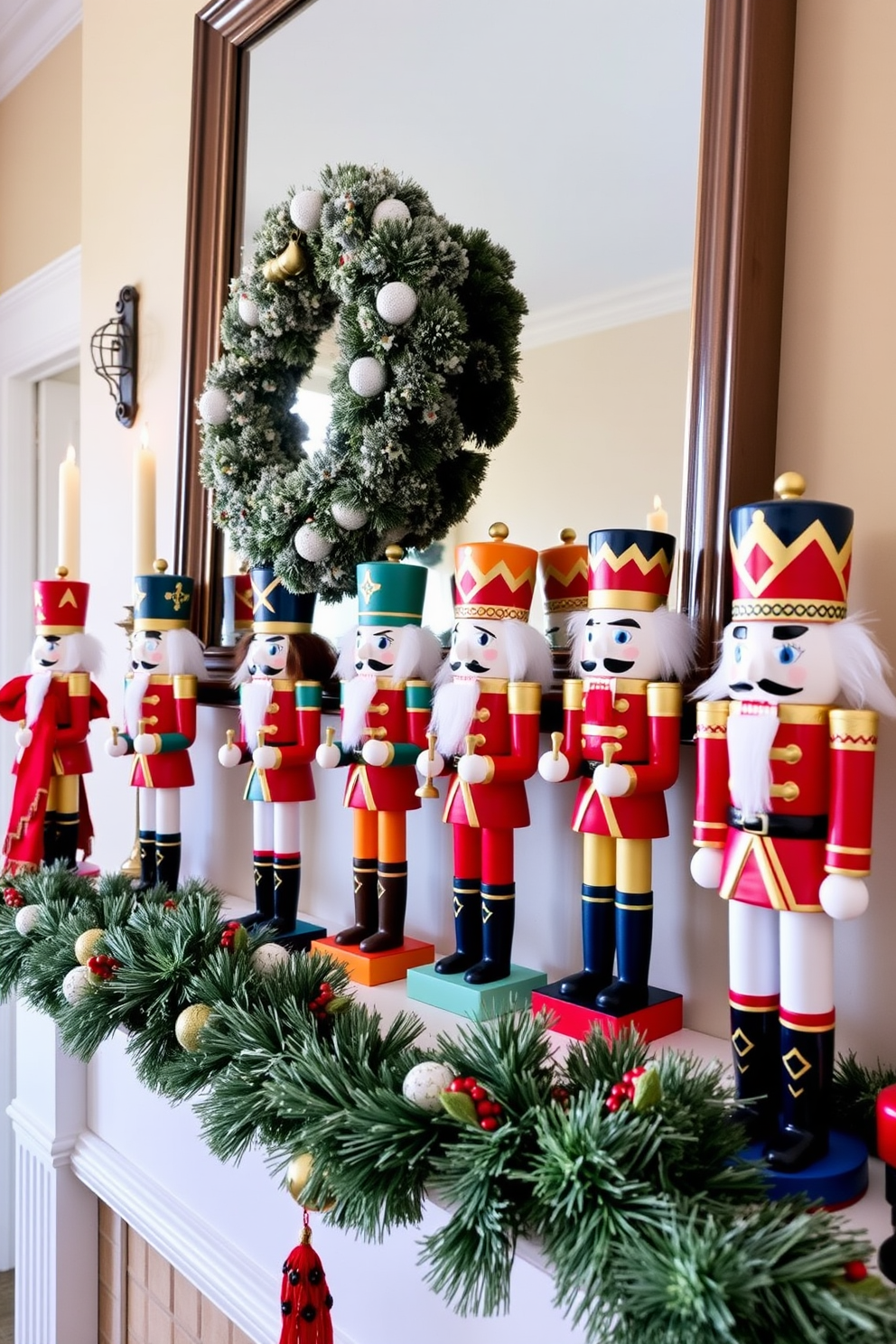 A charming mantel adorned with whimsical nutcracker figurines arranged in a delightful row. Each figurine showcases vibrant colors and intricate details, bringing a playful holiday spirit to the decor.