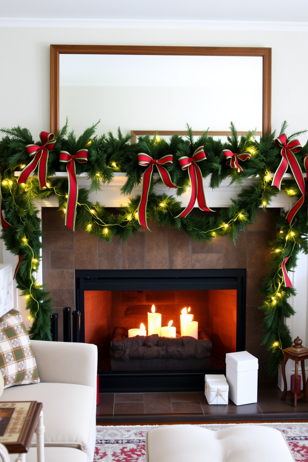 A cozy living room adorned for the holidays features a beautifully decorated mantel. Classic red and green ribbon accents drape elegantly over the mantel, intertwined with fresh evergreen garlands and twinkling fairy lights.