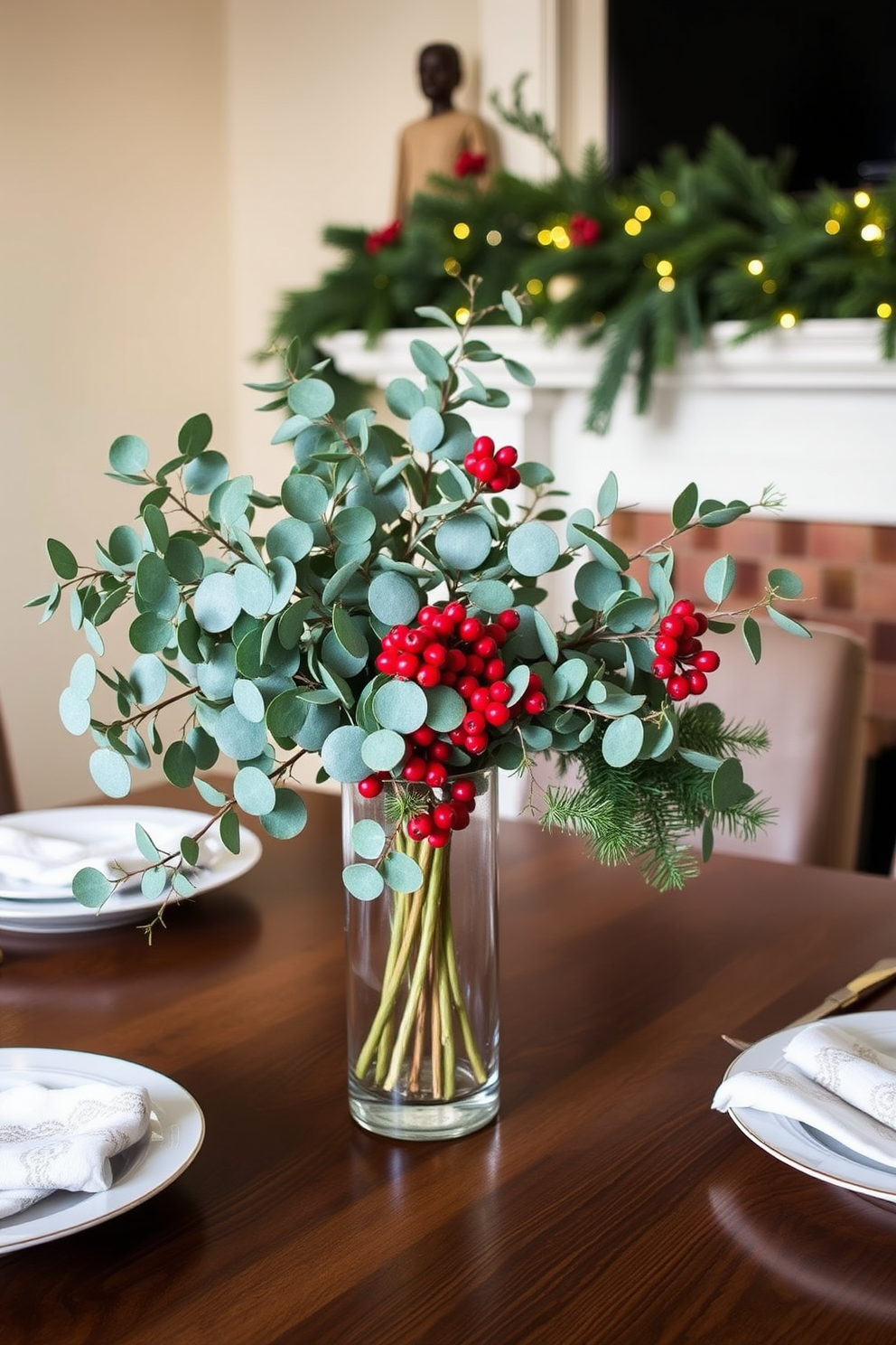 A simple fresh eucalyptus and berries arrangement is displayed in a clear glass vase on a wooden table. The greenery and berries create a natural and inviting centerpiece that enhances the warmth of the space. For mantel Christmas decorating ideas, a garland of pine branches is draped along the mantelpiece. Accents of red berries, pinecones, and twinkling fairy lights add a festive touch to the cozy atmosphere.