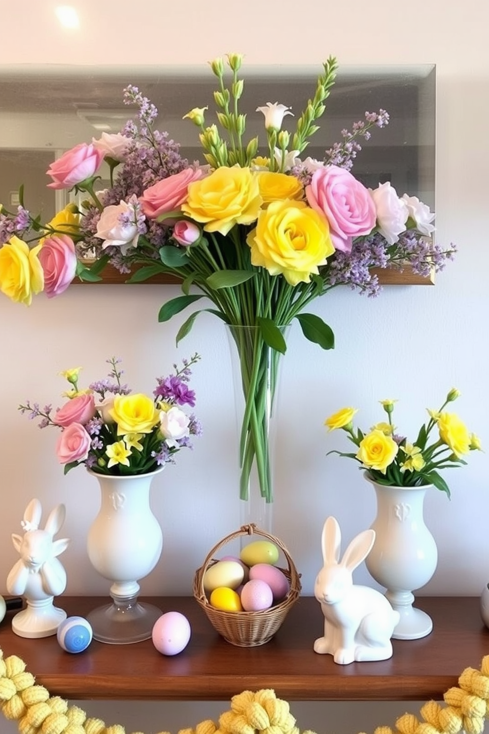 Colorful eggs in glass jars are arranged on a beautifully styled mantel. The jars are filled with a variety of pastel shades, creating a cheerful and festive atmosphere for Easter.