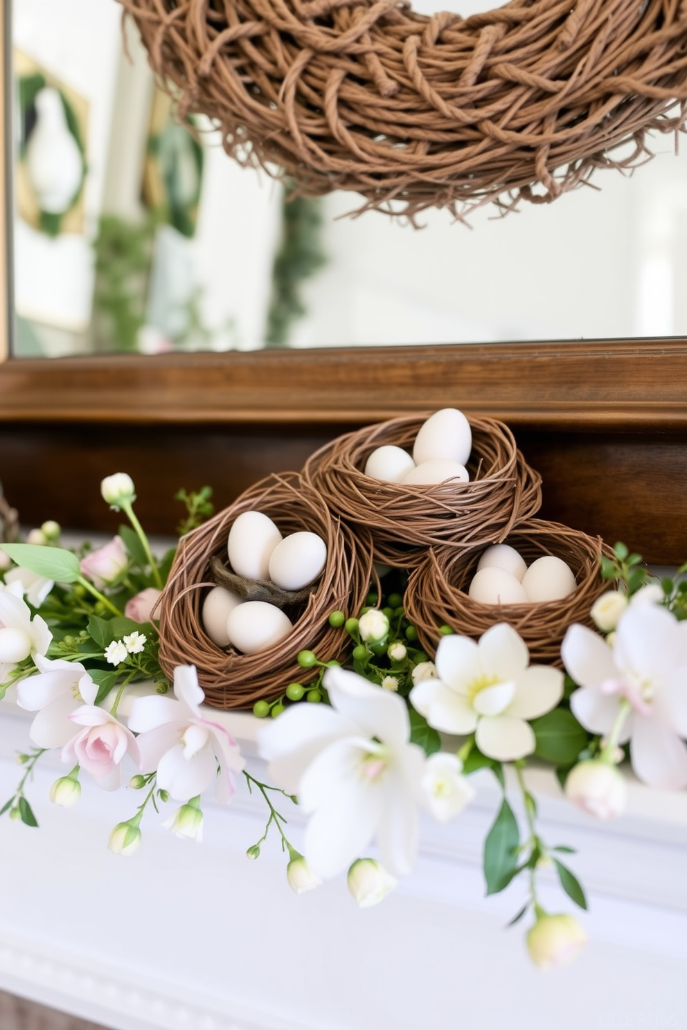 Create a charming mantel display for Easter featuring beautifully arranged bird nests filled with faux eggs. The nests should be nestled among delicate spring flowers and soft greenery to evoke a warm, inviting atmosphere.