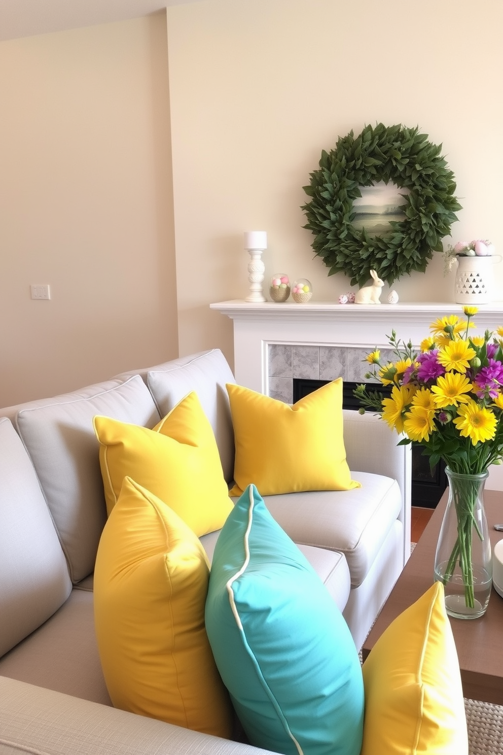 A cozy living room featuring a neutral color palette with soft beige walls and a light gray sofa. Brightly colored decorative pillows in shades of yellow and teal are scattered across the sofa, adding a cheerful touch. On the mantel, an arrangement of Easter decorations includes pastel-colored eggs in decorative bowls and a small bunny figurine. Fresh spring flowers in a vibrant vase complete the festive look, bringing life and color to the space.