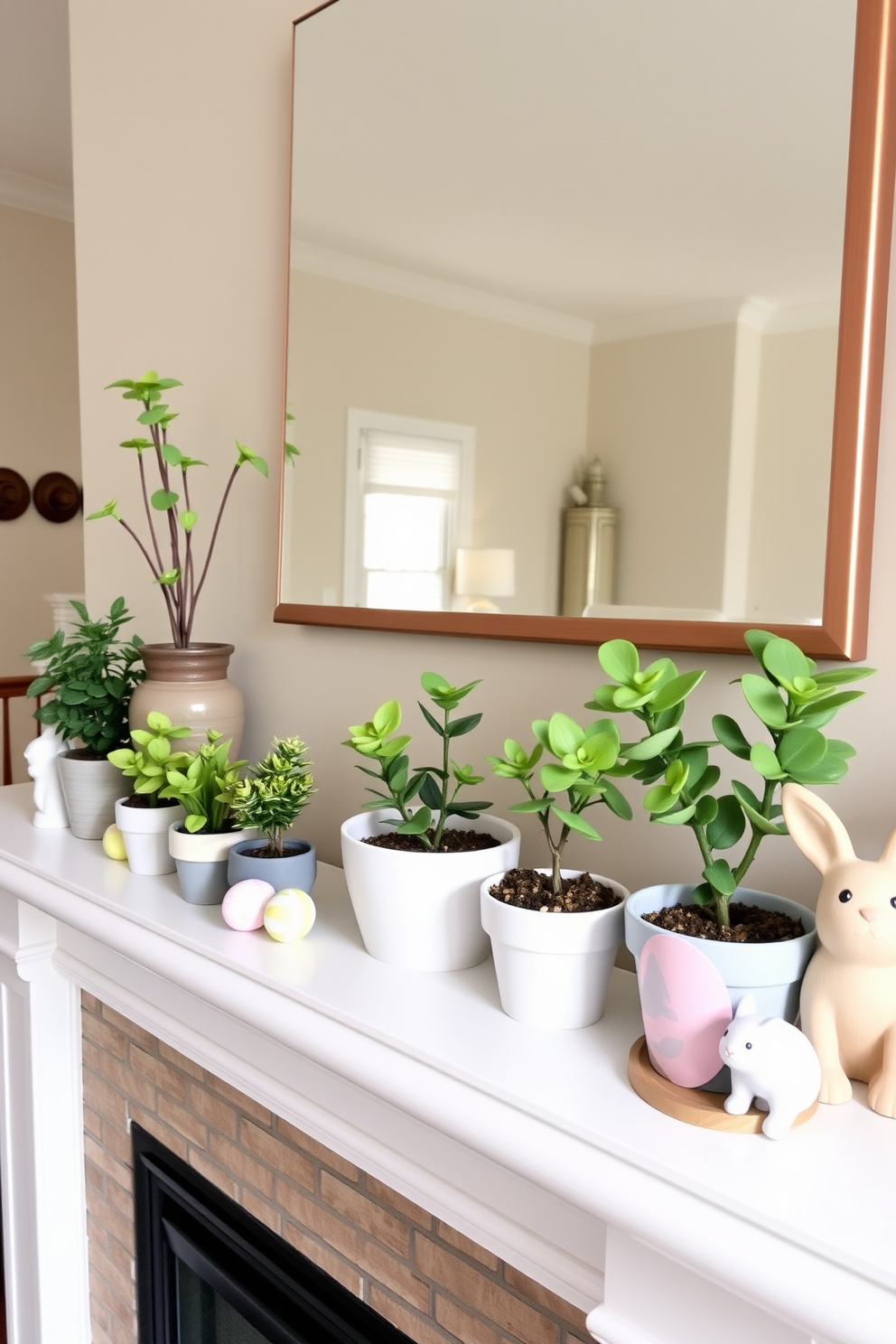 A cozy living room mantel adorned with miniature potted plants in varying heights. The plants are arranged alongside pastel-colored Easter decorations, including decorative eggs and a small bunny figurine.