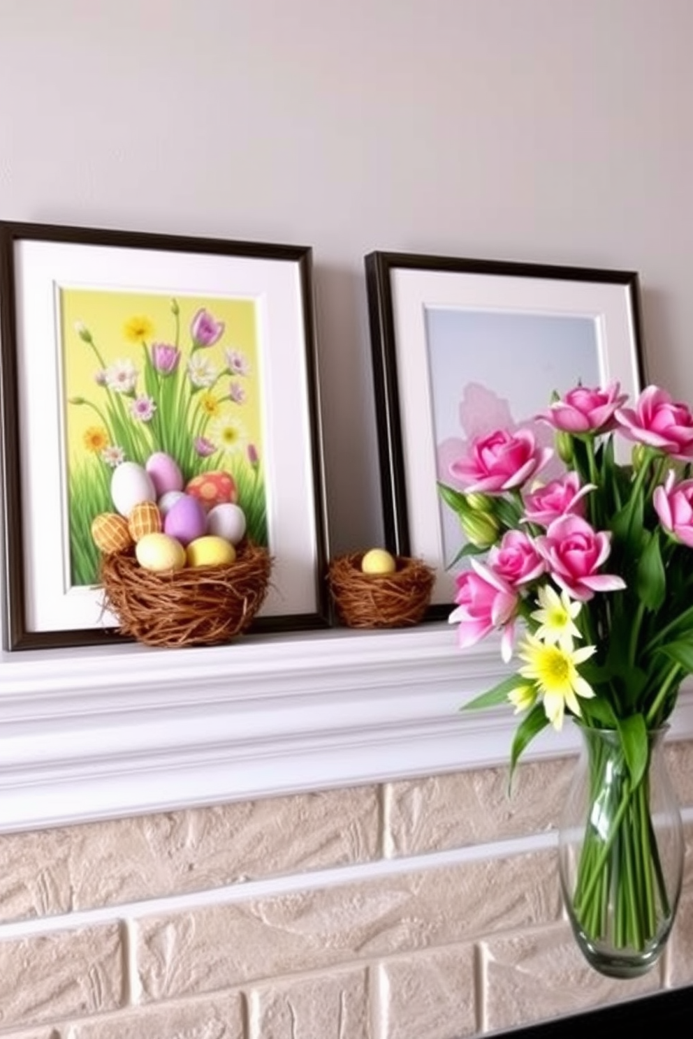 Seasonal prints in stylish frames are displayed prominently on the mantel. The vibrant colors of spring enhance the festive atmosphere, creating a cheerful focal point for the room. Easter decorating ideas include pastel-colored eggs nestled in decorative nests alongside the prints. Fresh flowers in a vase add a touch of nature, completing the seasonal look.