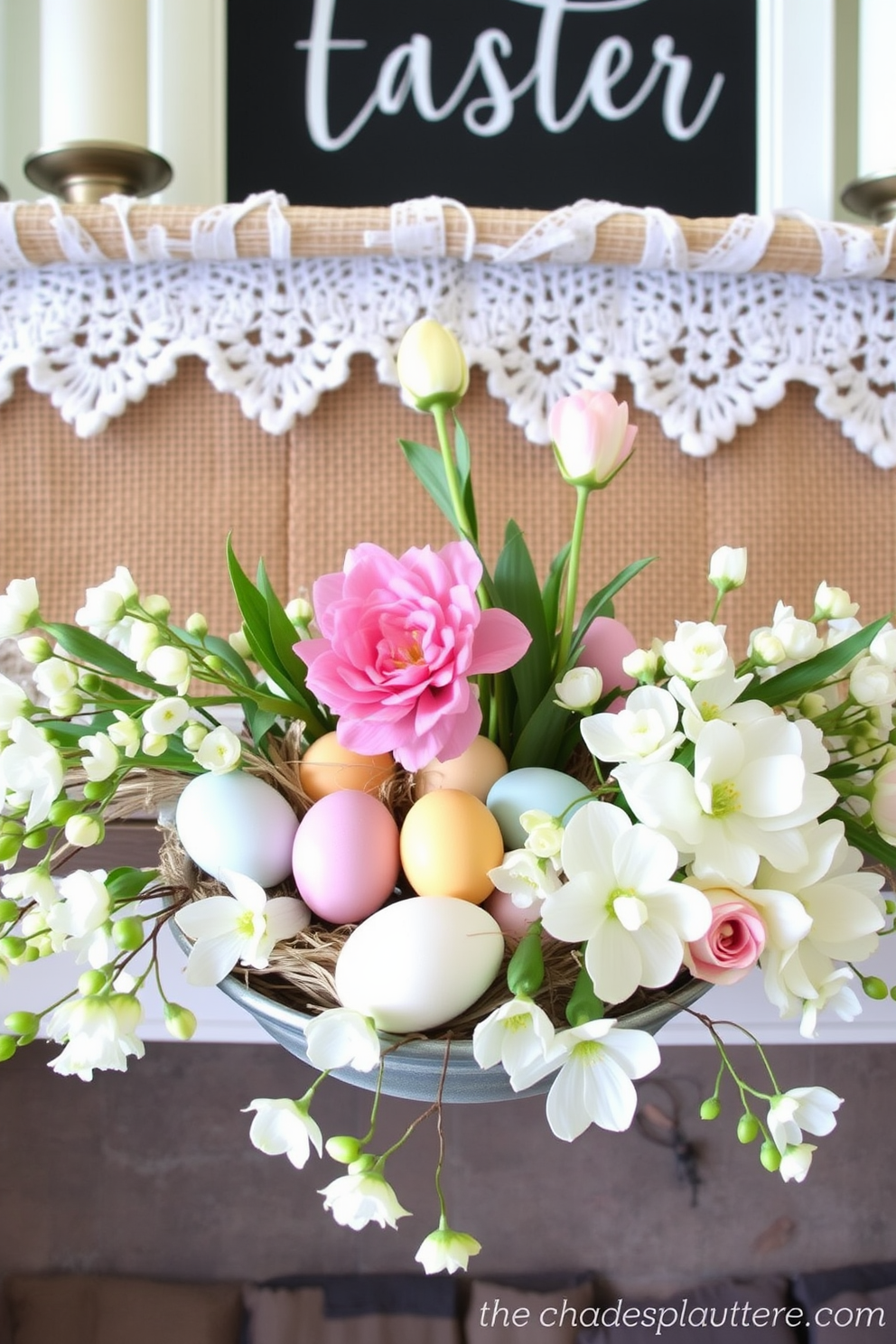 A beautifully styled mantel adorned with layered textures featuring burlap and delicate lace. The arrangement includes pastel-colored eggs nestled among fresh spring flowers, creating a warm and inviting Easter atmosphere.