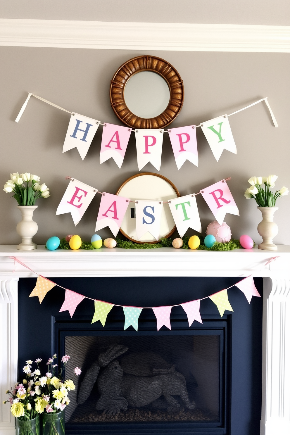 Easter-themed art prints are displayed in elegant frames on the mantel, showcasing pastel colors and whimsical designs. The mantel is adorned with decorative elements such as ceramic bunnies, colorful eggs, and fresh spring flowers to create a festive atmosphere.