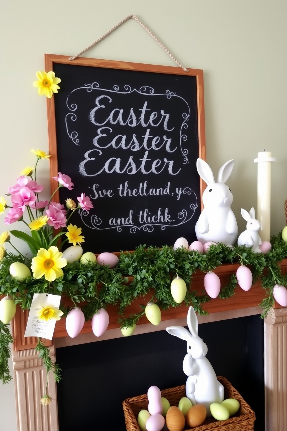 A charming chalkboard displays handwritten Easter greetings in elegant script. Surrounding the chalkboard are colorful spring flowers and decorative eggs, creating a festive atmosphere. The mantel is adorned with a delightful arrangement of pastel-colored Easter decorations. Bunnies, eggs, and garlands of greenery add a whimsical touch to the cozy setting.