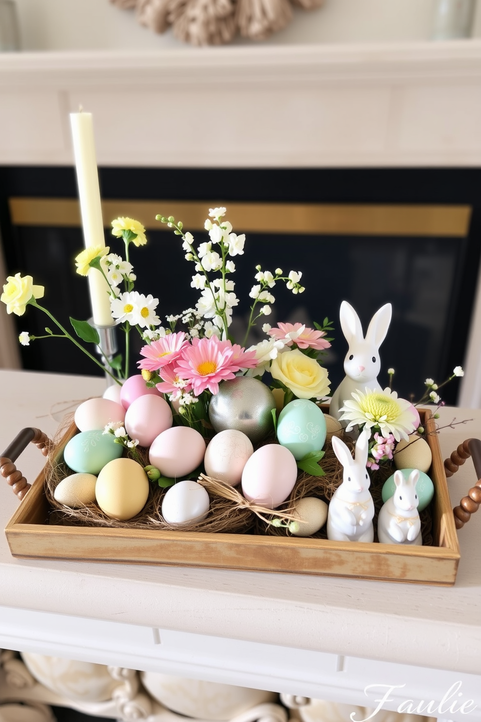 A beautifully arranged decorative tray sits on the mantel, showcasing an assortment of seasonal items such as pastel-colored eggs, fresh flowers, and small decorative bunnies. The tray is complemented by soft, natural textures and colors that evoke a warm and inviting atmosphere for Easter celebrations.