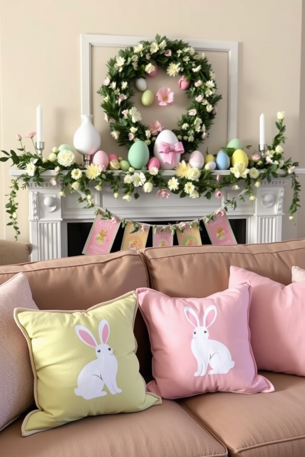 Easter-themed throw pillows are arranged on a cozy sofa, featuring pastel colors and playful bunny motifs. The pillows add a touch of whimsy and comfort to the living space, inviting relaxation during the festive season. The mantel is beautifully decorated with an assortment of spring flowers, colorful eggs, and delicate garlands. Soft lighting enhances the cheerful atmosphere, creating a warm and inviting focal point for Easter celebrations.