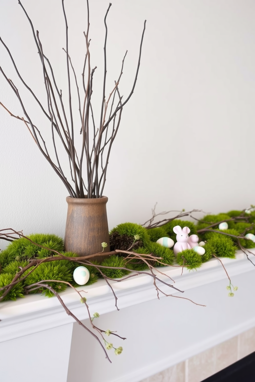 A cozy living room mantel adorned with natural elements like twigs and moss. The arrangement features a cluster of twigs in a rustic vase, complemented by patches of vibrant green moss scattered across the mantel. Delicate pastel Easter decorations are tastefully integrated into the display. Soft-colored eggs and small bunnies are nestled among the natural elements, creating a harmonious blend of seasonal charm and organic beauty.