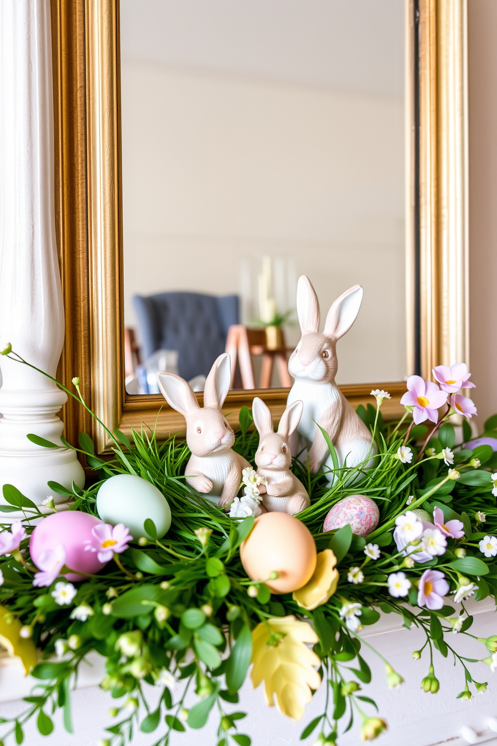 A charming mantel adorned with playful bunny figurines nestled among vibrant fresh greenery. The scene is enhanced by pastel-colored eggs and delicate spring flowers, creating a festive and inviting atmosphere for Easter celebrations.