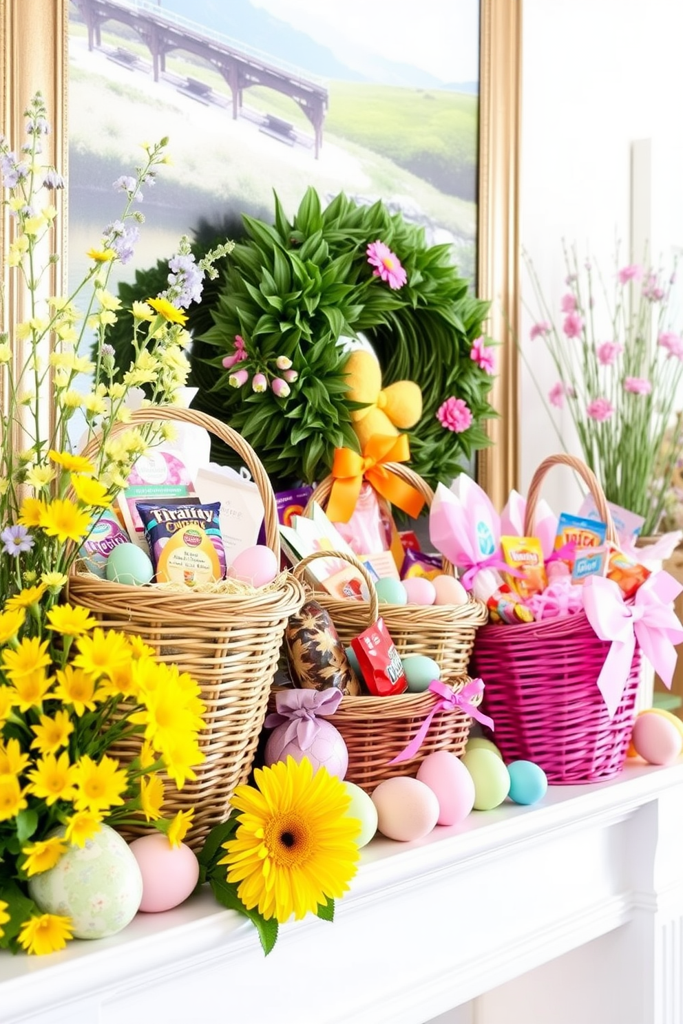 A collection of seasonal fruits is artfully arranged in decorative bowls made of ceramic and glass. The vibrant colors of the fruits create a lively and inviting atmosphere in the kitchen. The mantel is adorned with whimsical Easter decorations that include pastel-colored eggs and delicate floral arrangements. Soft lighting highlights the cheerful decor, enhancing the festive spirit of the room.