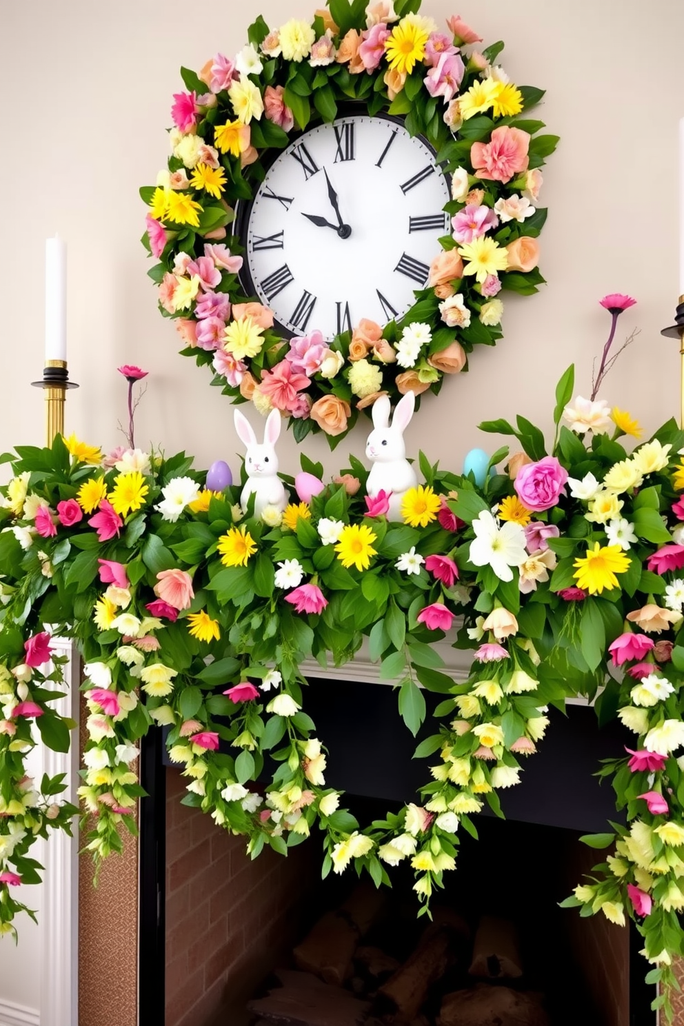 A beautiful mantel adorned with layered garlands of colorful flowers and lush green leaves creates a vibrant focal point. Delicate pastel eggs and charming bunny figurines are artfully placed among the foliage to enhance the Easter theme.