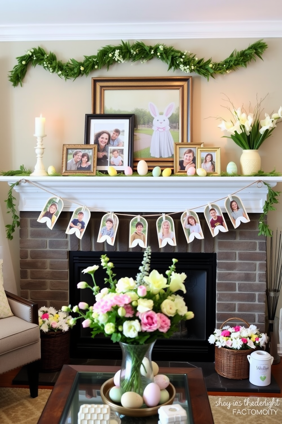 Create a cozy living room setting featuring a beautifully decorated mantel adorned with Easter-themed decorations. The mantel is lined with framed family photos showcasing joyful Easter memories, surrounded by pastel-colored eggs and spring flowers.