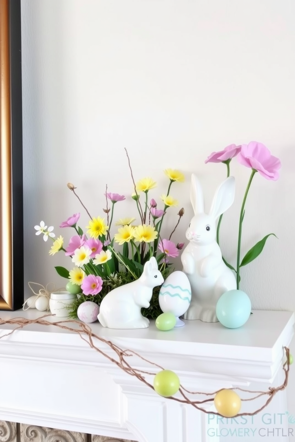 A charming mantel decorated for Easter features ceramic rabbits nestled among pastel-colored flowers and decorative eggs. The backdrop is a soft white wall that enhances the vibrant colors of the seasonal decor.