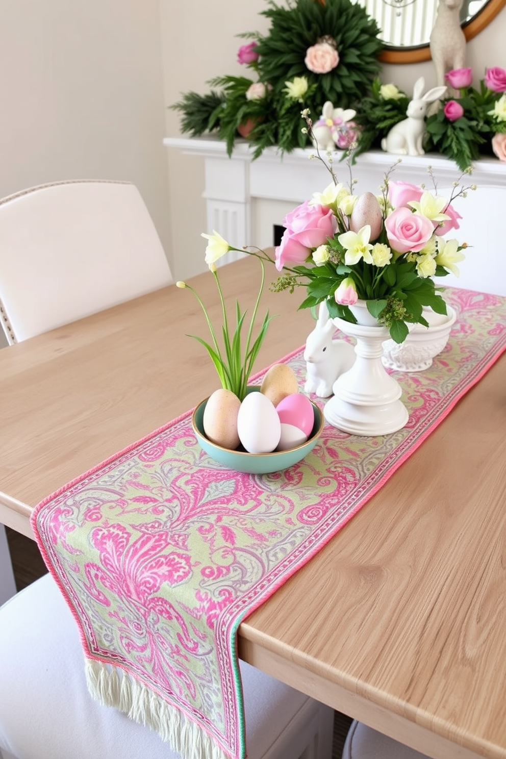 Brightly colored table runners create a vibrant contrast against a neutral dining table. The runners are adorned with intricate patterns and textures that enhance the festive atmosphere. For mantel Easter decorating ideas, incorporate pastel-colored eggs and fresh flowers in elegant arrangements. Add decorative bunnies and seasonal greenery to bring a cheerful and inviting touch to the space.