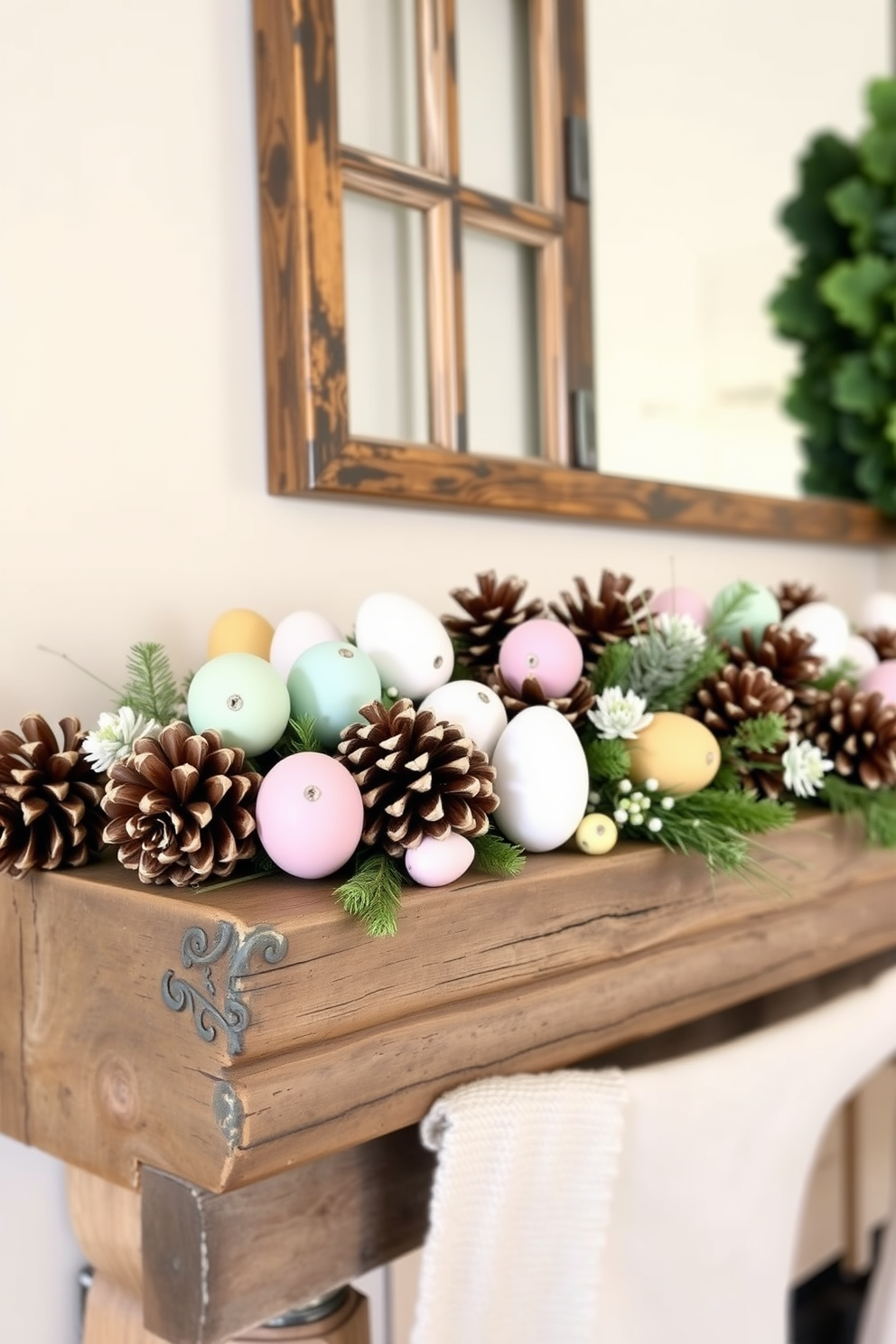 A rustic mantel decorated for Easter features a beautiful arrangement of pinecones and eggs in various pastel colors. The natural textures of the pinecones complement the soft hues of the eggs, creating a warm and inviting atmosphere.