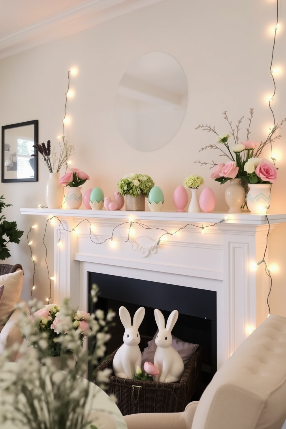 A cozy living room setting adorned with soft lighting from fairy lights draped along the mantel. The mantel is decorated for Easter with pastel-colored eggs, delicate floral arrangements, and charming bunny figurines.